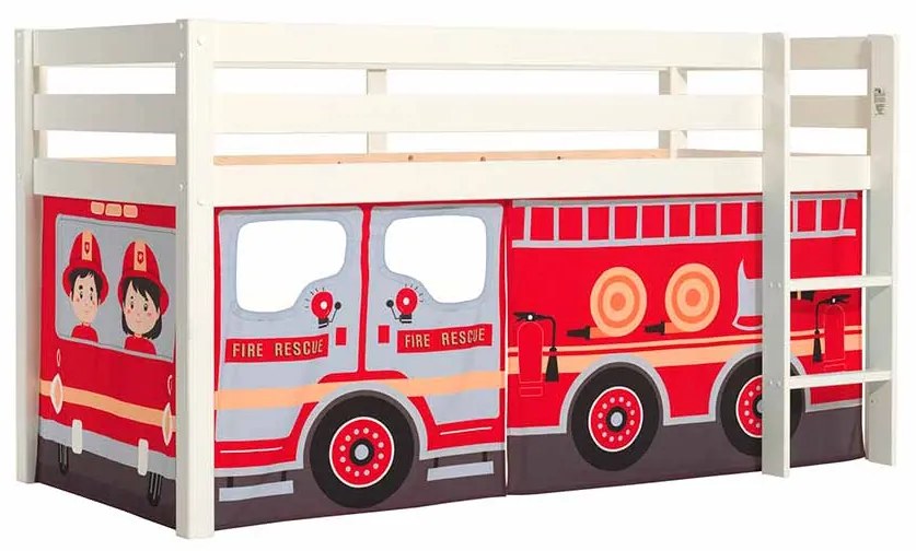 Cama alta de Criança PINO 90 x 200 cm + estrado + escada + cortina Bombeiros Branca
