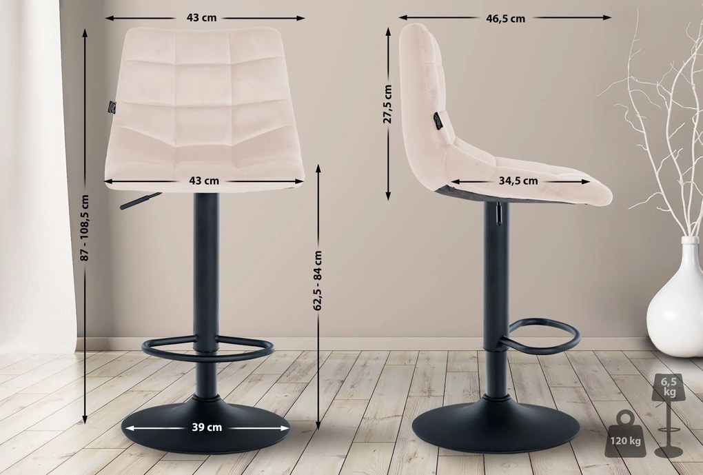 Banco de bar Jerry em veludo com estrutura preta 87-108,5 x 43 x 46,5 cm Bege