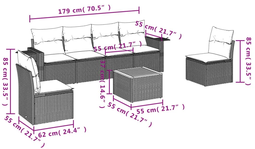7 pcs conjunto de sofás p/ jardim com almofadões vime PE bege