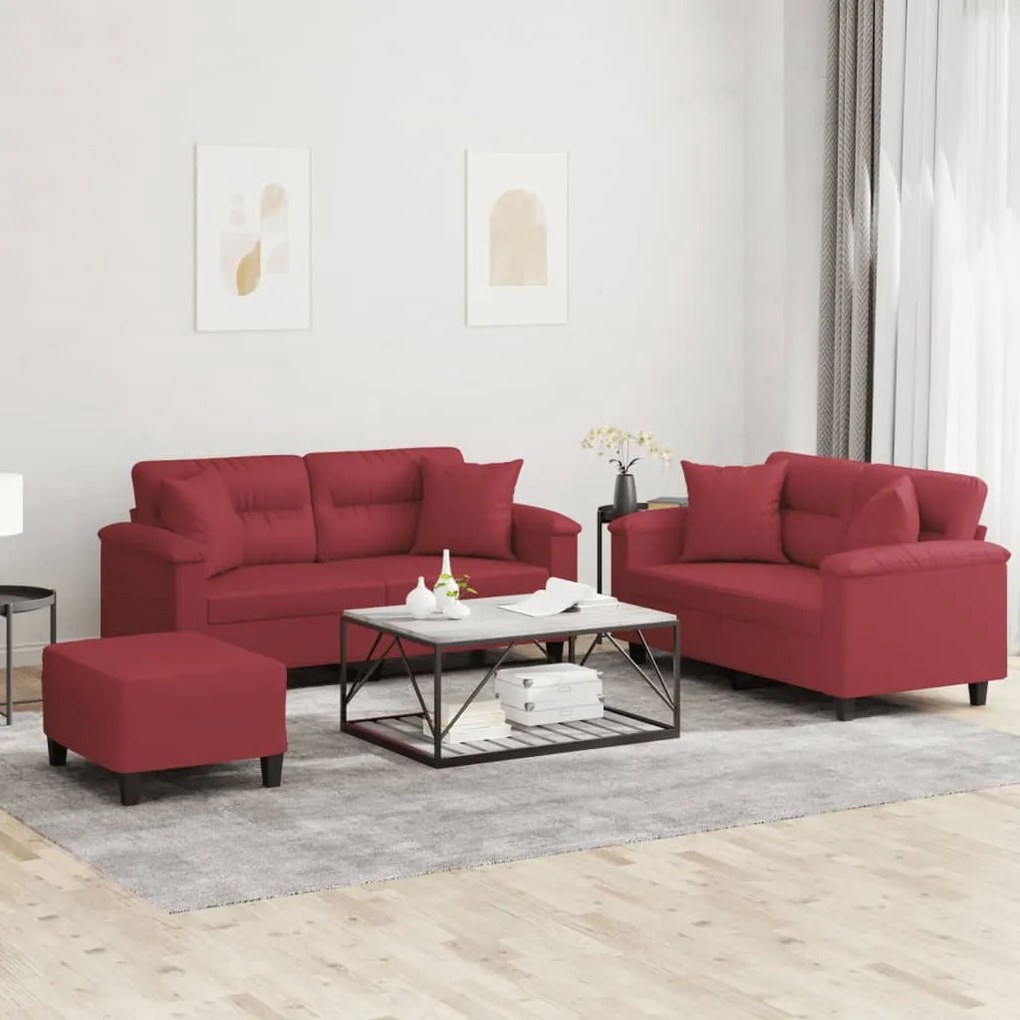vidaXL 3 pcs conjunto sofás c/ almofadas couro artif. vermelho tinto