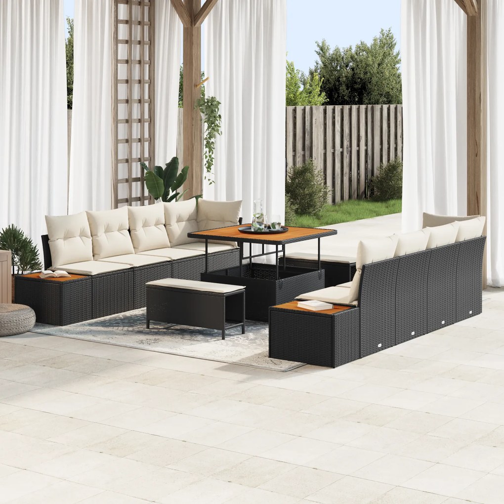 Conjunto de Sofá de Jardim vidaXL de 11 Peças com Almofadas Preto Ratt