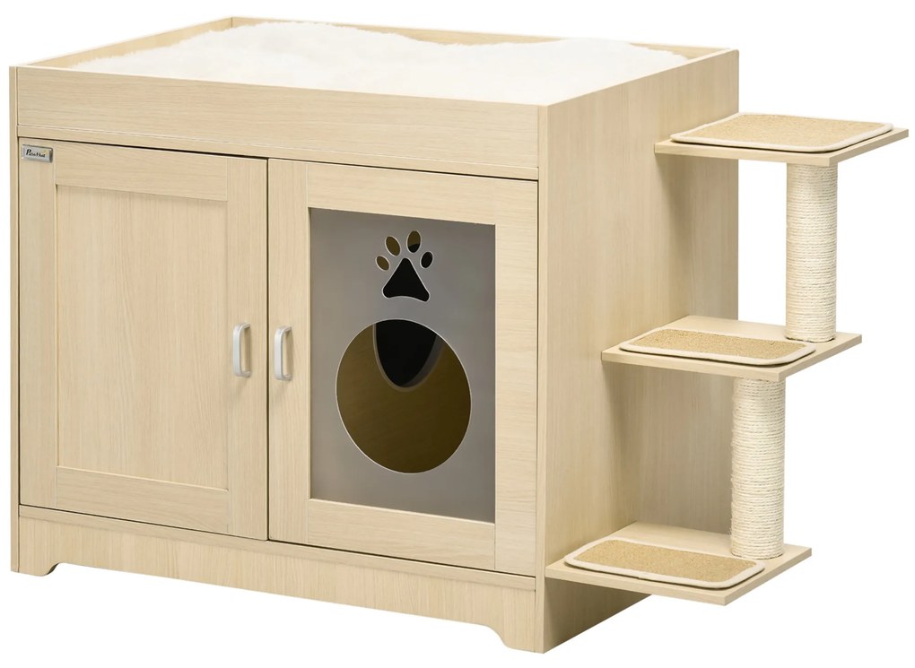 PawHut Caixa de Areia para Gatos de Madeira com Cama Almofada Suave 3 Plataformas e Postes de Sisal 107x54x70cm Carvalho
