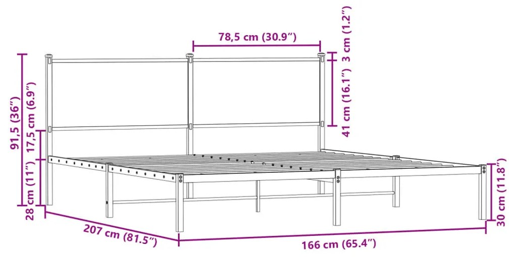 Estrutura de cama com cabeceira 160x200cm metal carvalho fumado