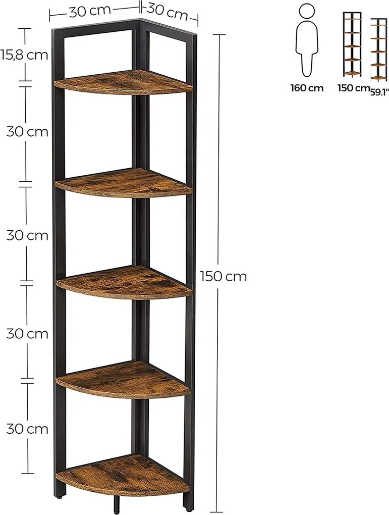 Estante de canto com 5 prateleiras 30 x 30 x 150 cm Castanho Vintage-preto
