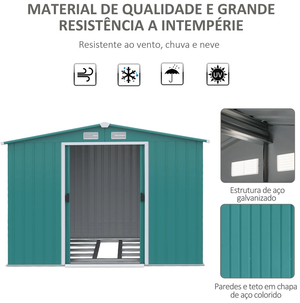 Outsunny Abrigo de Jardim 260x206x179cm 4,7m² Abrigo de Aço Galvanizado com Portas de Correr e Ventilações para Armazenamento de Ferramentas Verde