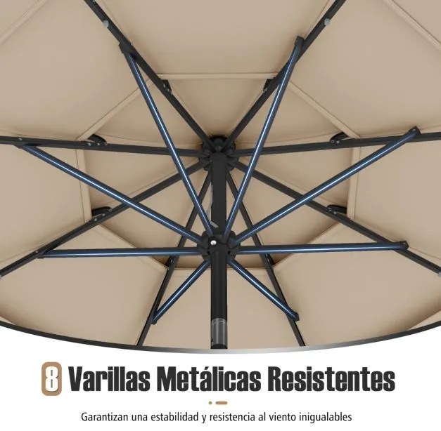 Guarda-sol Jardim de 313 cm com 32 luzes LED Teto ventilado de 3 níveis Ajuste de inclinação Bege