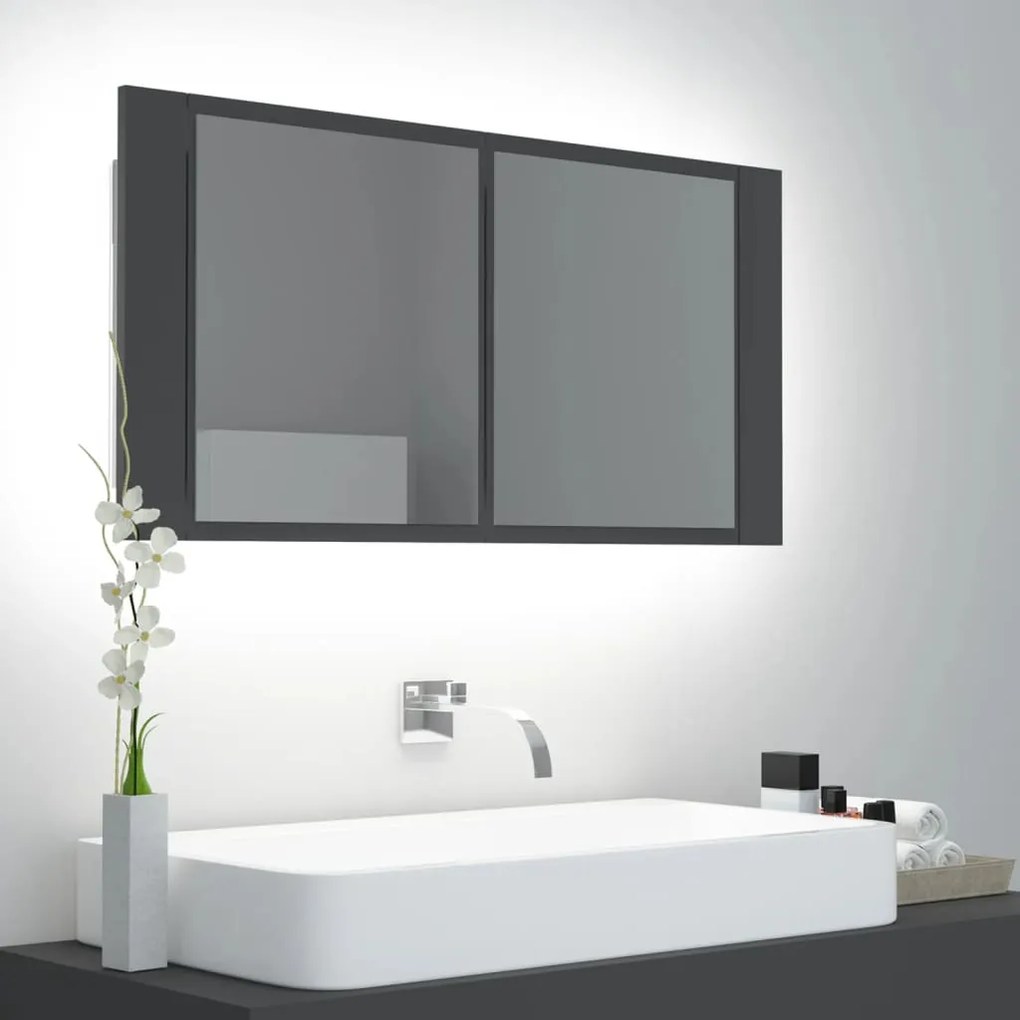 vidaXL Armário espelhado casa de banho LED 90x12x45 cm acrílico cinza