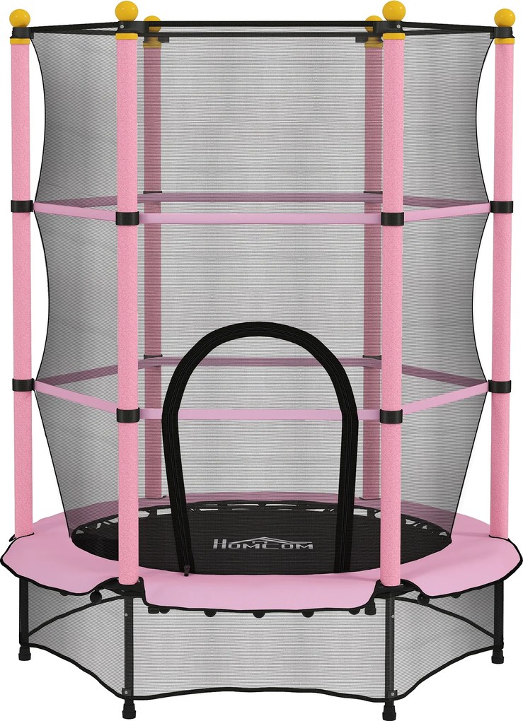 HOMCOM Trampolim Criança com Rede de Segurança e Estrutura de Aço para Interiores e Exteriores Carga 50kg Ø140x190 cm Rosa | Aosom Portugal
