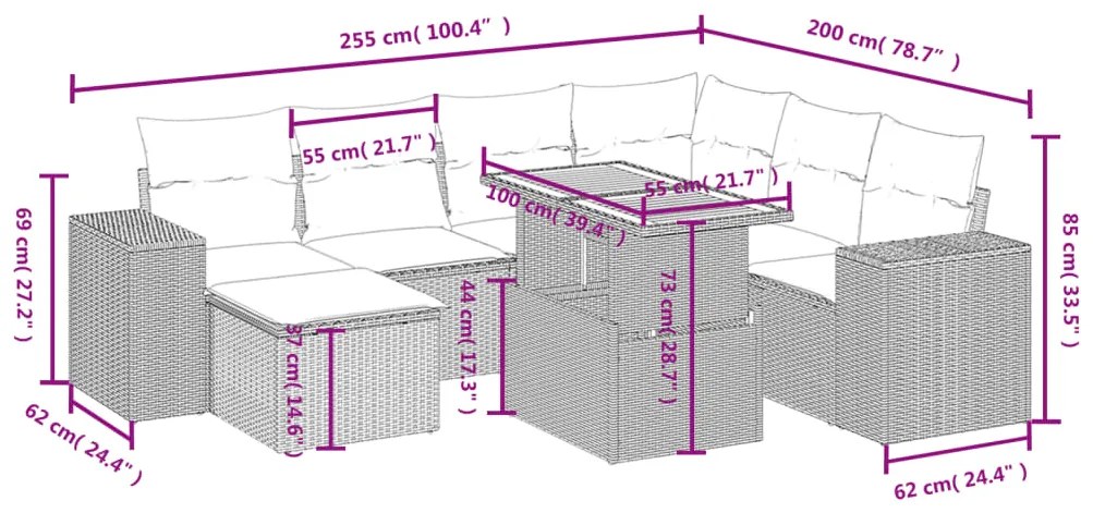 8 pcs conjunto sofás de jardim com almofadões vime PE preto