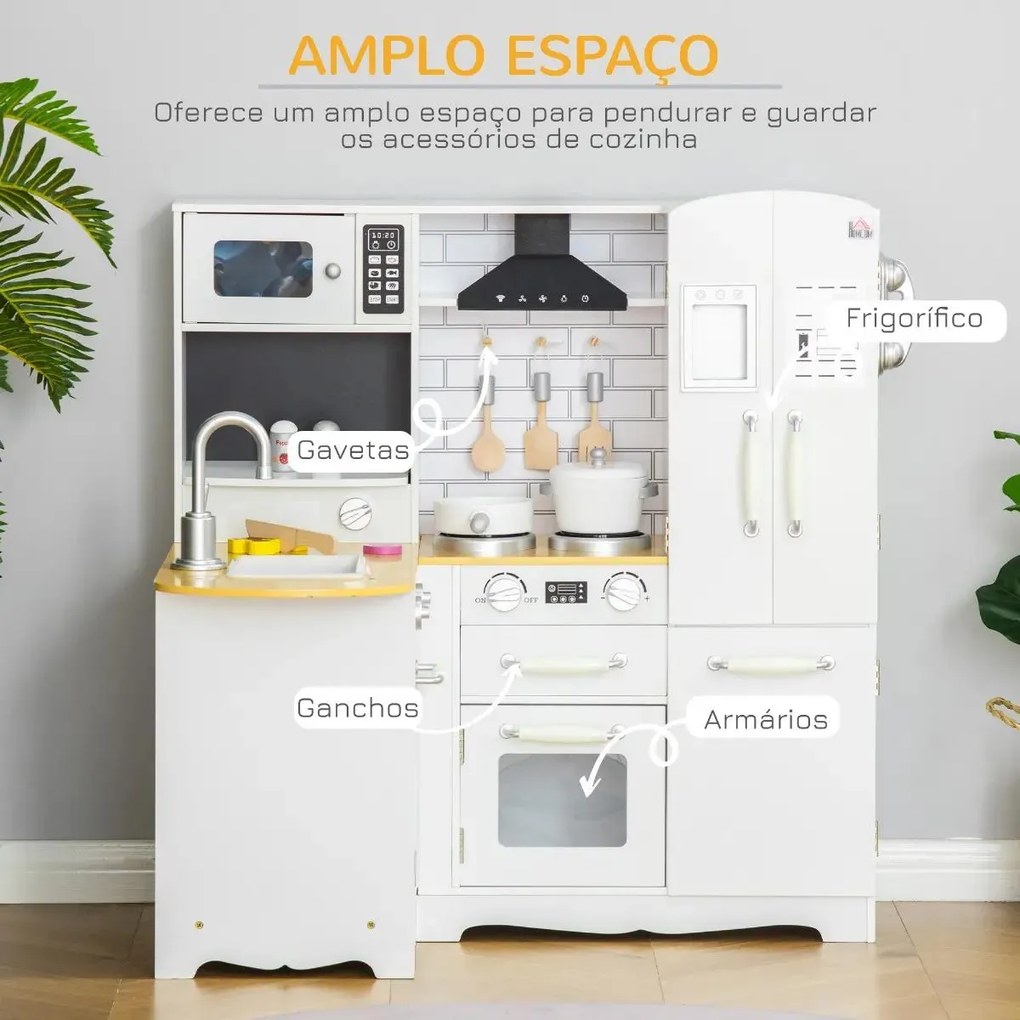 Cozinha Infantil de Madeira para Crianças de 3-6 Anos com Sons 14 Acessórios Cozinha Infantil com Telefone Lavatório Microondas e Grifo 82x65x87cm Bra