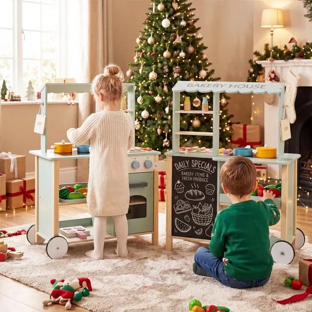 Cozinha Infantil de Brincar com Rodas, 67 x 34 x 81 cm, Com Acessórios, Verde