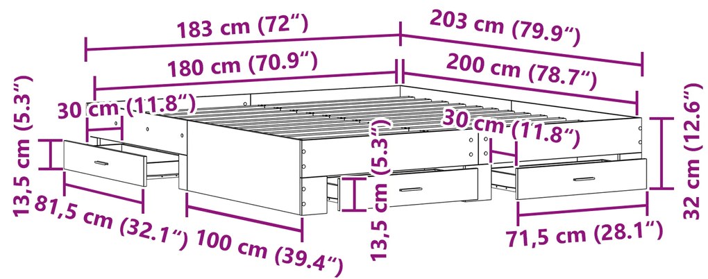 Cama com Gavetas vidaXL Madeira Velha 180x200 cm Madeira de Engenharia