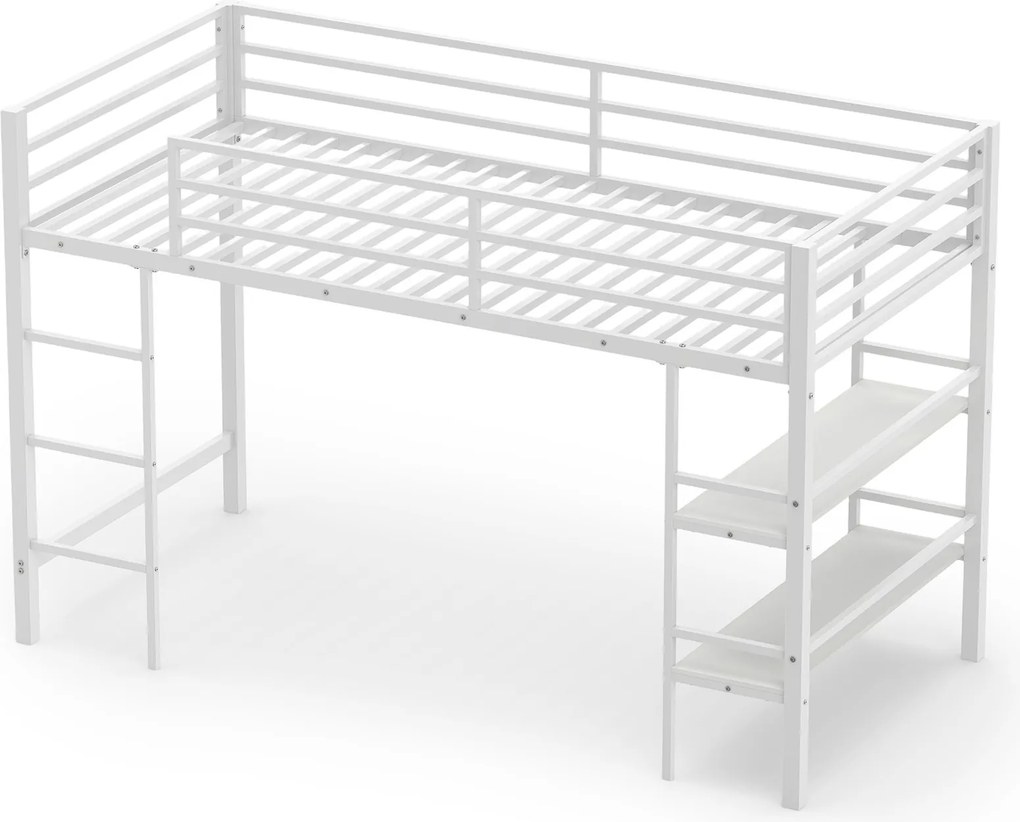 Cama Alta Infantil com Estantes para Arrumação, 196 x 96 x 126 cm (COLCHÃO NÃO INCLUIDO), Estrutura Metálica Reforçada, Branco