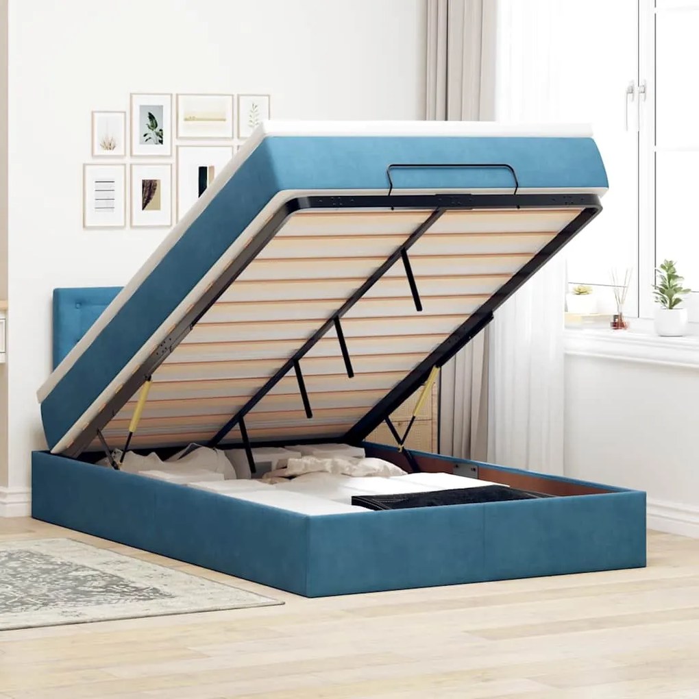 Cama otomana com colchão 120x190 cm veludo azul-escuro