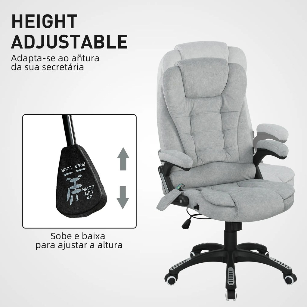 Cadeira de Escritório com 6 Pontos de Massagem Reclinável até 130° com Função de Aquecimento 65x71x110-120 cm Cinza