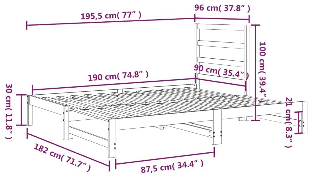 Estrutura sofá-cama de puxar 2x(90x190) cm pinho maciço