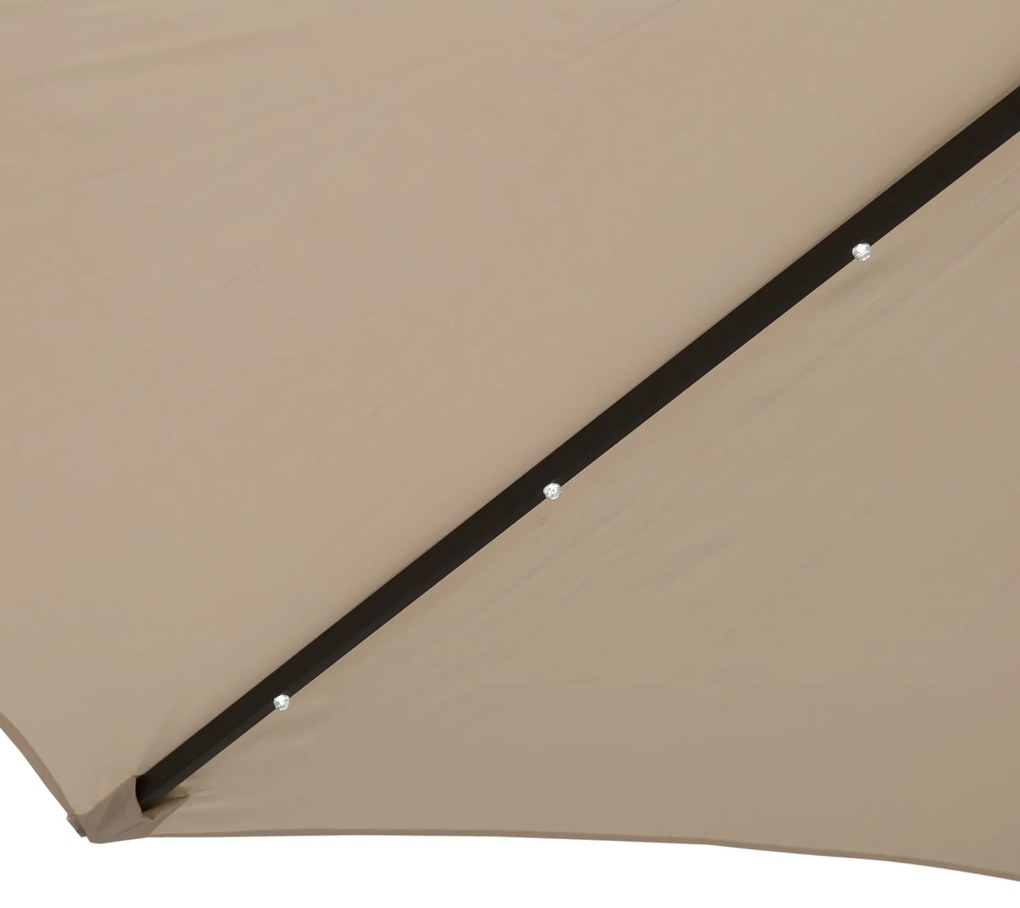 Outsunny Chapéu de Sol de Jardim Ø270x240cm com 24 Luzes LED Solar Mecanismo de Inclinação Manivela e Mastro Desmontável de Metal para Terraço Piscina Pátio Creme