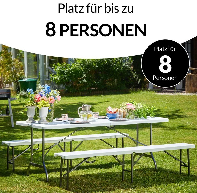 Conjunto de mesa e bancos campismo, piquenique 3 peças em plástico 183cm branco