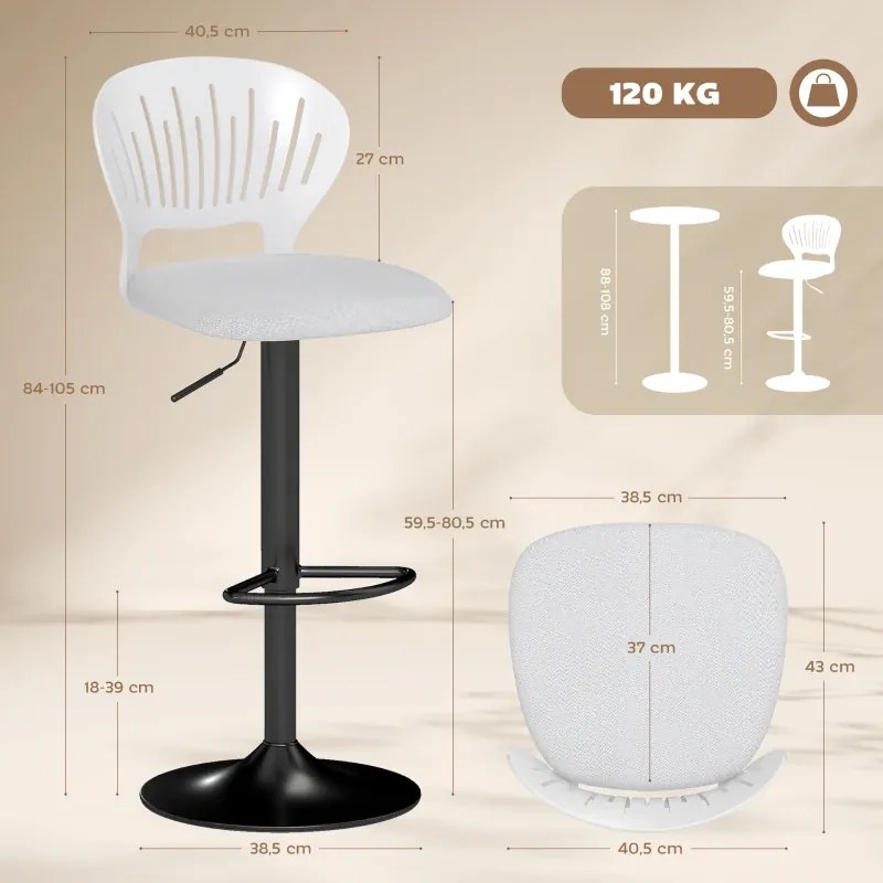 Conjunto de 2 Bancos Altos de Cozinha Giratórios a 360° Reguláveis em Altura de 84-105 cm 40,5x43x84-105 cm Branco