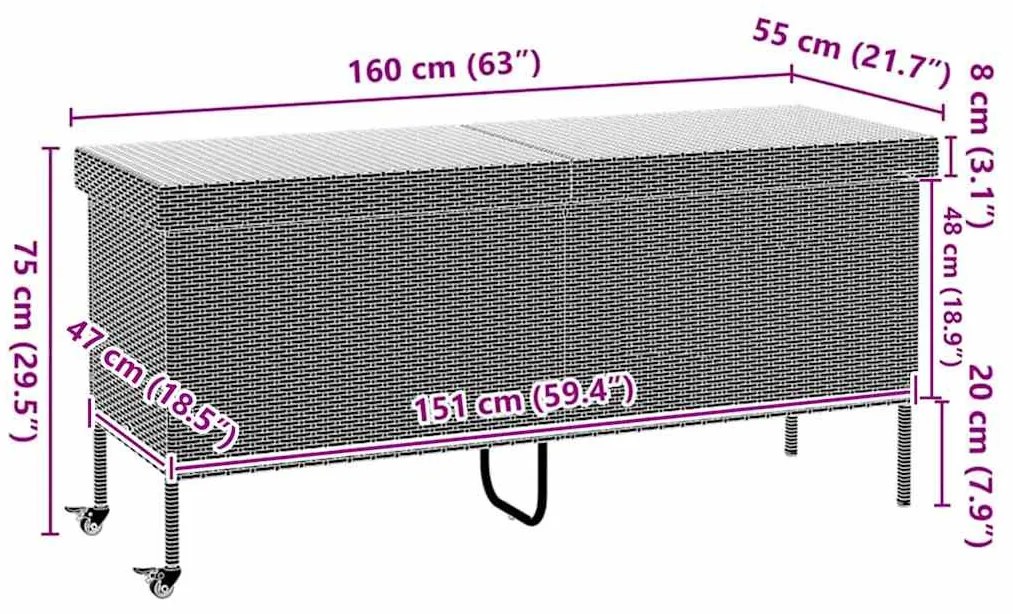 Caixa de arrumação jardim com rodas 160x55x75 cm vime PE preto