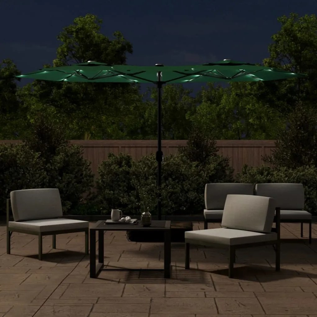 Guarda-sol de jardim c/ cabeça dupla/luzes LED 316x240 cm verde