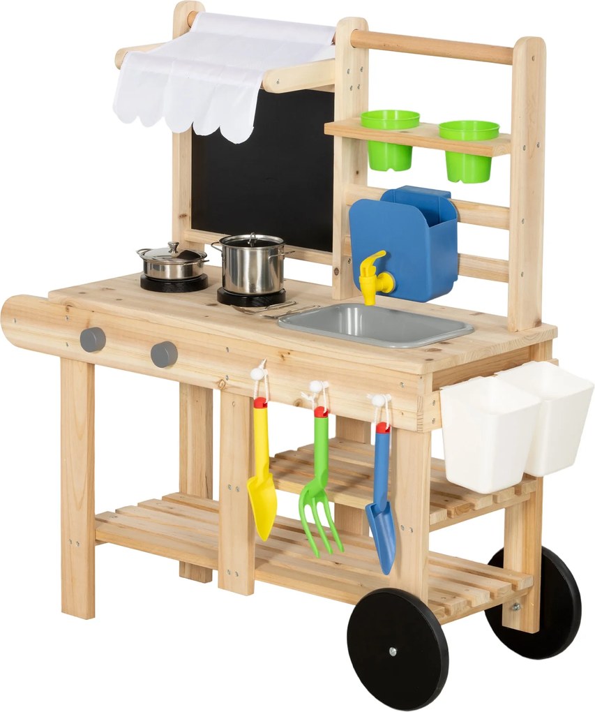 AIYAPLAY Cozinha de Lama Infantil Exterior, cozinha de brincar em madeira com torneira real, pia, fogão, prateleira, reservatório de água, madeira natural | Aosom Portugal