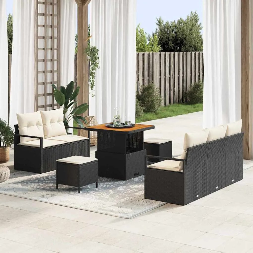 Conjunto de Sofá de Jardim vidaXL de 8 Peças com Almofadas Preto Rattan Polímero Acácia