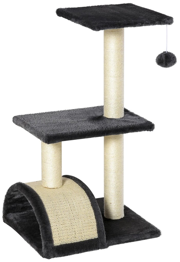 Arranhador para Gatos Médio de 3 Níveis  com Postes de Sisal Placa para Arranhar e Bola Suspensa 40x35x72 cm Cinzento Escuro