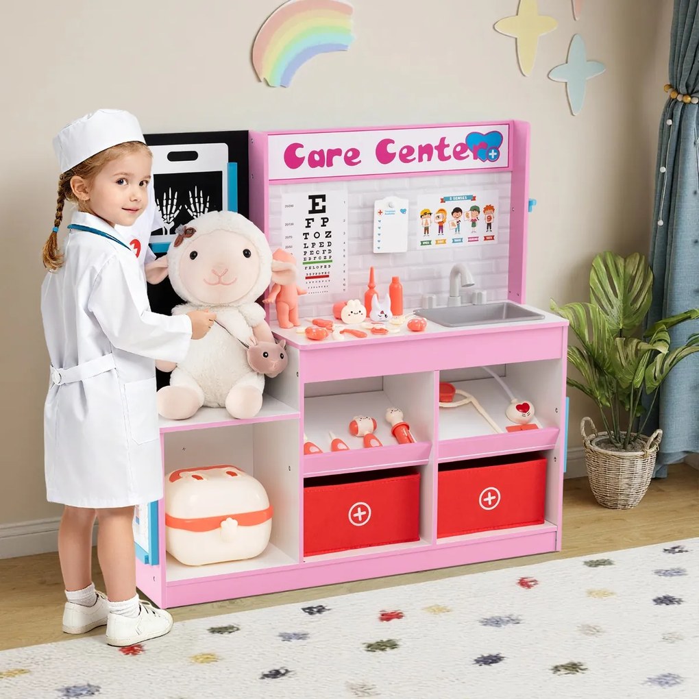 Consultório médico em madeira para Crianças 85 x 25 x 80 cm com área de exame, filme de raios X, monitor de ECG e tabela optométrica rosa