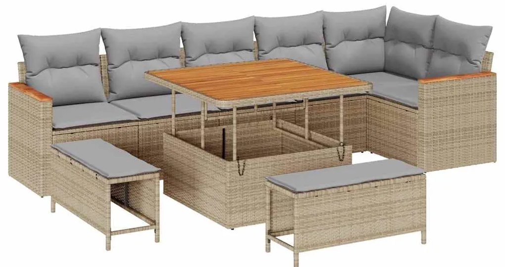 Conjunto de Sofás de Jardim vidaXL de 9 Peças com Almofadas Bege Ratta