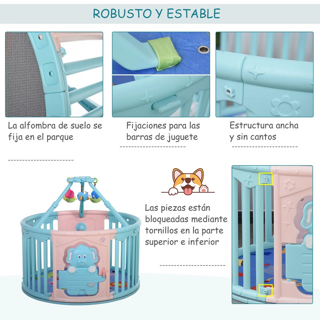 HOMCOM Parque infantil redondo Parque infantil de segurança para bebês Berço com Tapete Brinquedos divertidos Trava Dupla Altura 65,5 cm rosa e azul