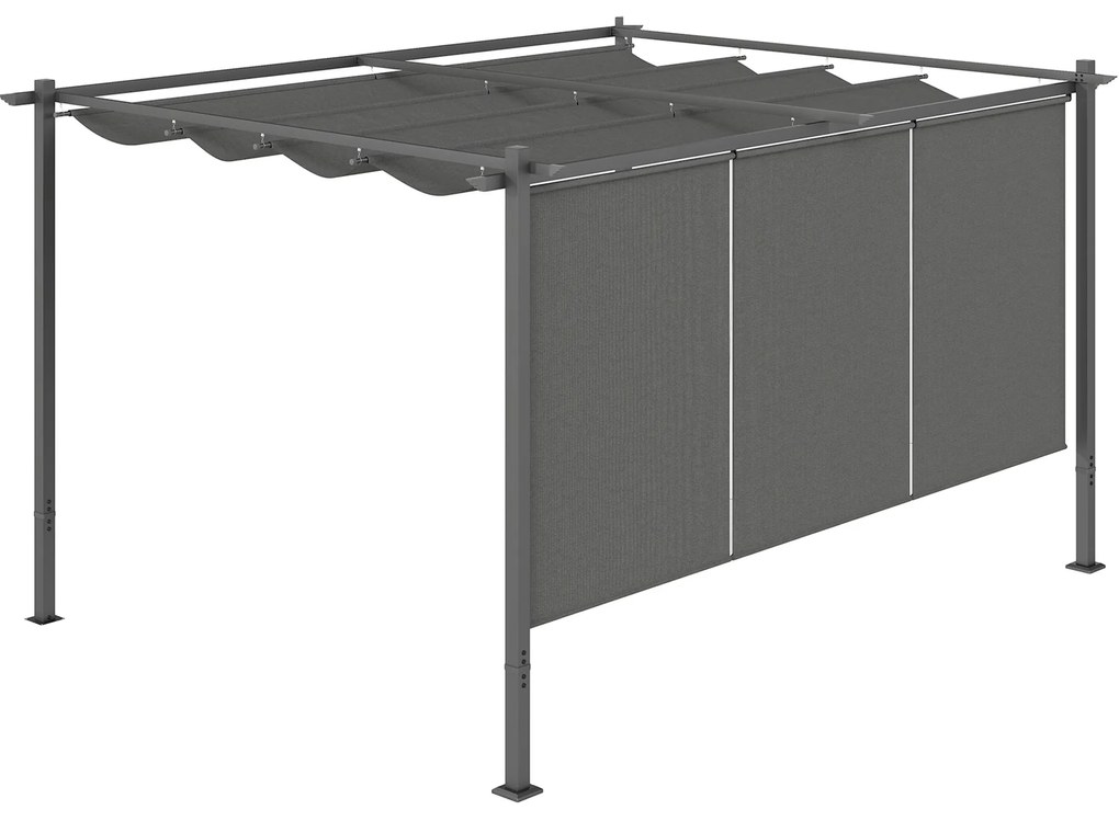 Outsunny Pérgola com Teto Retrátil de 4x3 m Pérgola de Parede ou Independente com Lados Enroláveis Proteção UV30+ Cinzento