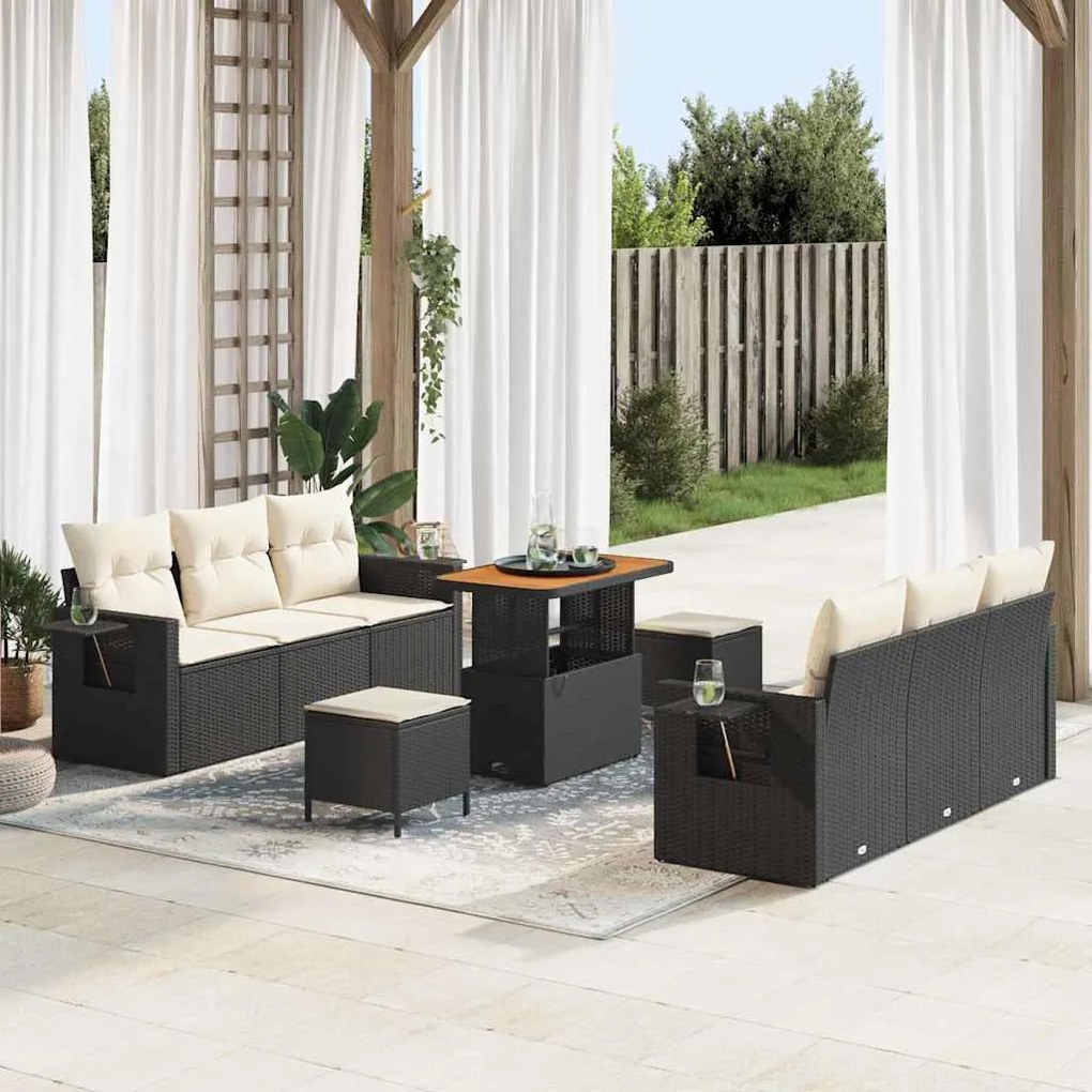 vidaXL Conjunto de Sofá de Jardim de 9 Peças com Almofadas em Rattan Preto e Acácia