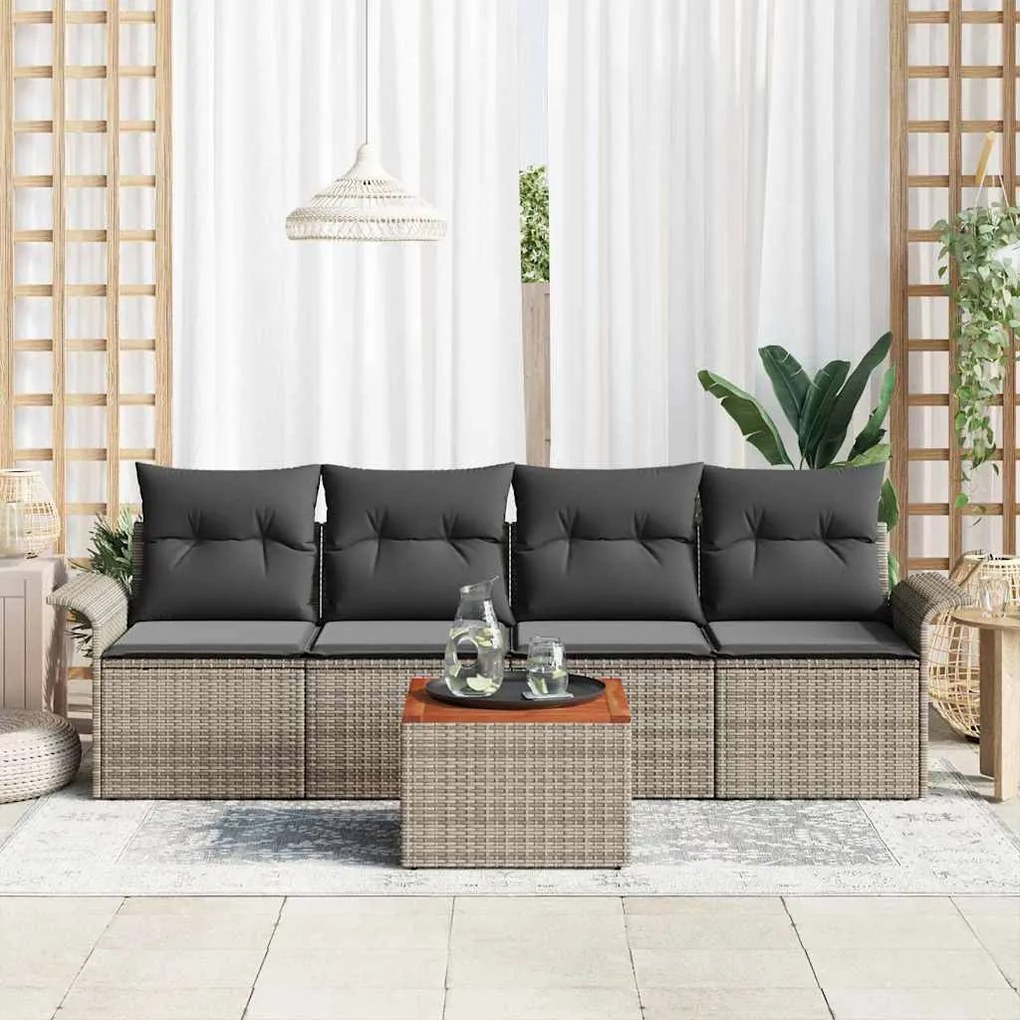 Conjunto de Sofá de Jardim de 5 Peças com Almofadas Cinza Rattan Acáci