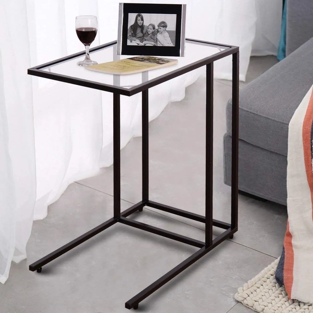 Mesa de café em vidro e aço Mesa lateral pc para sala de estar 55,5x35x65cm