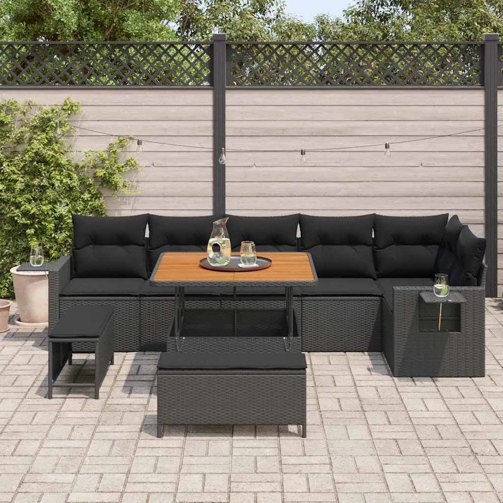 Conjunto de Sofá de Jardim vidaXL 9 Peças com Almofadas Preto Rattan A