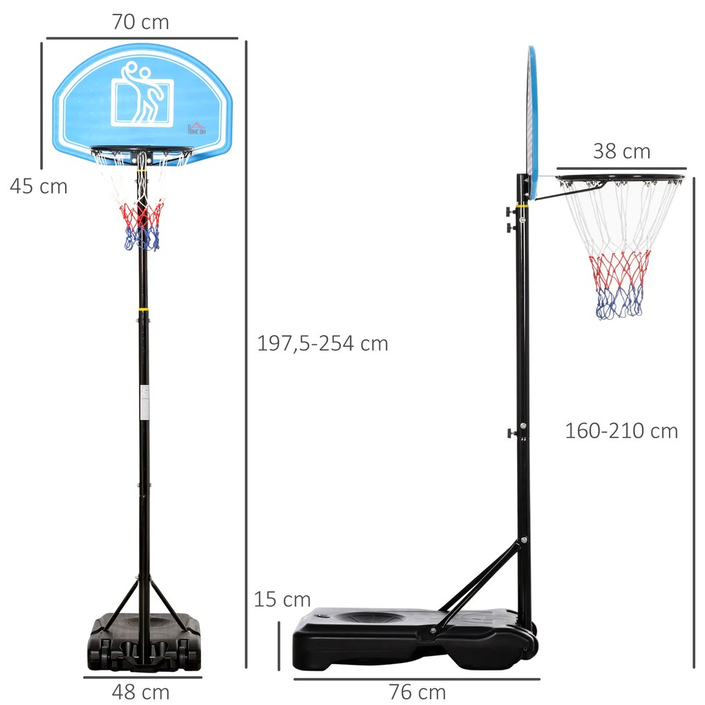 HOMCOM Tabela de Basquetebol para Exterior com Altura Ajustável 160-210cm Cesta de Basquetebol com Rodas Tabela de PE e Base Recarregável 76x70x197,5-254cm Preto e Azul