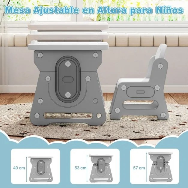 Conjunto de mesa e cadeira para crianças com quadro negro inclinado, suporte para livros e prateleira côncava para maiores de 3 anos, cinza