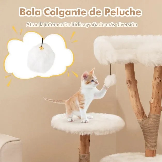 Arrranhador para gatos em madeira maciça 110 cm Torre para gatos moderna com plataforma Postes de arranhar em juta natural Bola suspensa branca