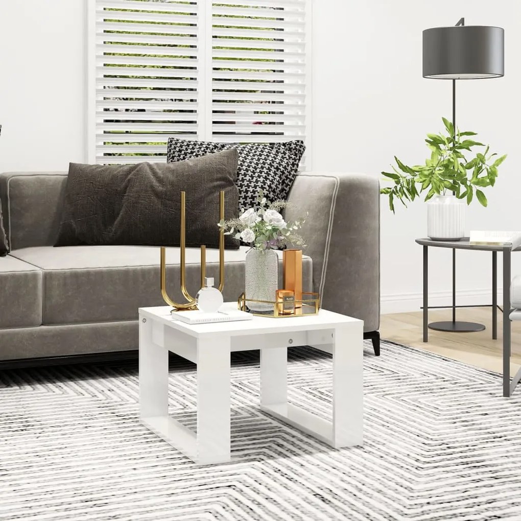 vidaXL Mesa de apoio 50x50x35 cm contraplacado branco brilhante