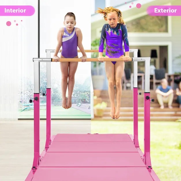 Barras Paralelas Ginástica com Comprimento Ajustável e 11 Alturas Carga 100 kg para Crianças dos 6 aos 12 Anos 250 x 131 x 140 cm Rosa