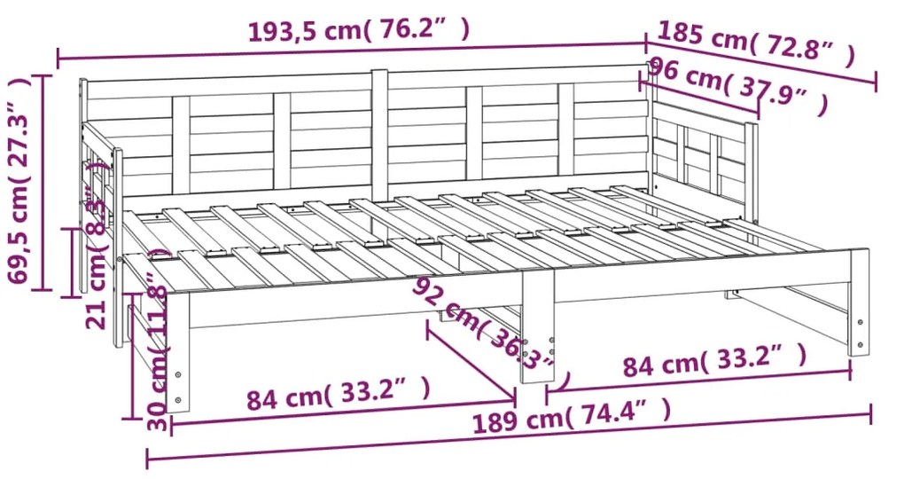 Estrutura sofá-cama de puxar pinho maciço preto 2x(90x190) cm