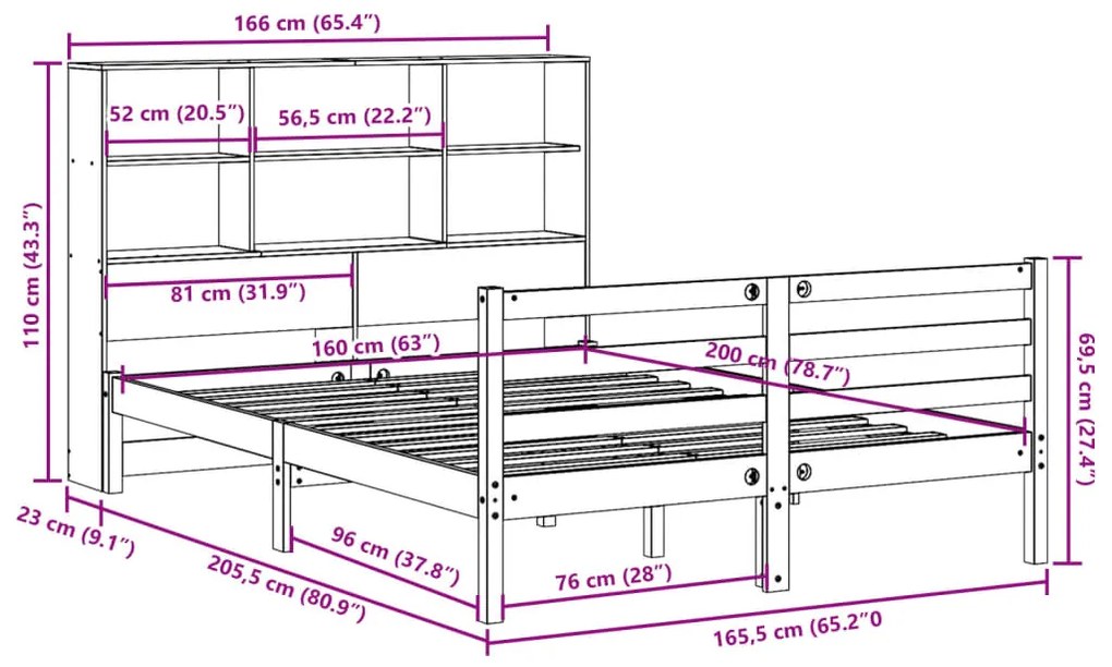 Cama com estante sem colchão 160x200 cm pinho maciço