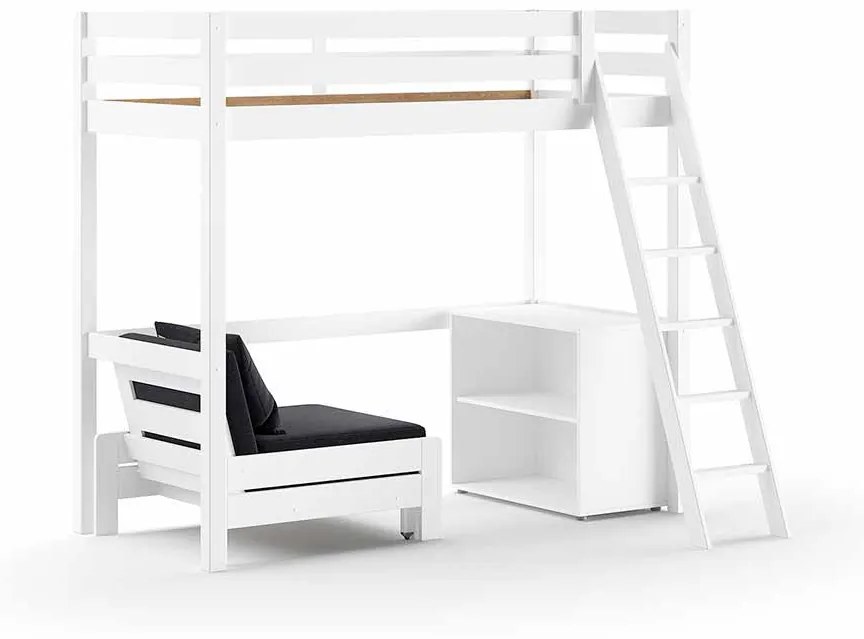 Conjunto Cama alta de Criança PINO 90 x 200 cm + Estrado + Estante Livros + Sofá cama Branco