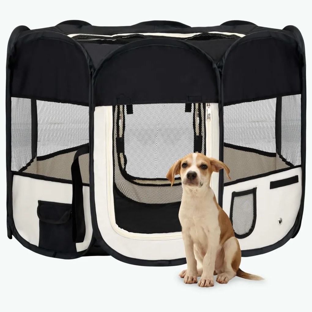 171005 vidaXL Parque dobrável p/ cão c/ saco de transporte 90x90x58 cm preto