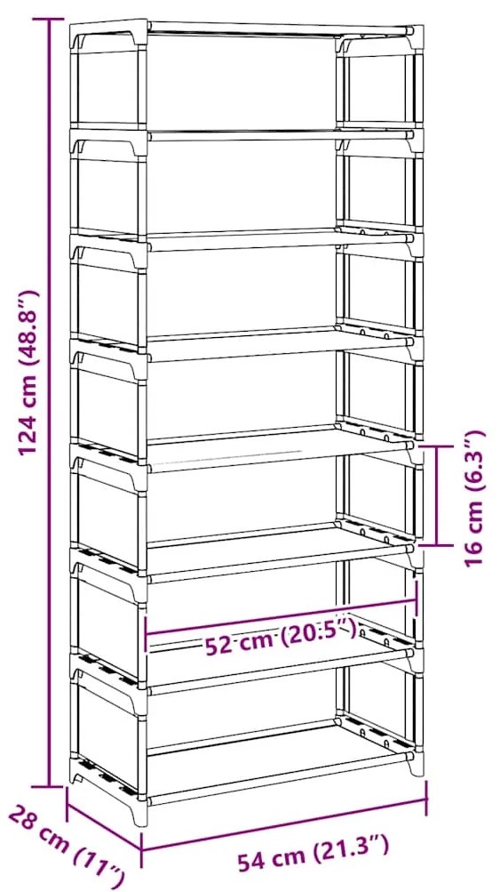 Sapateira 8 camadas 54x28x124 cm tecido não tecido cinzento