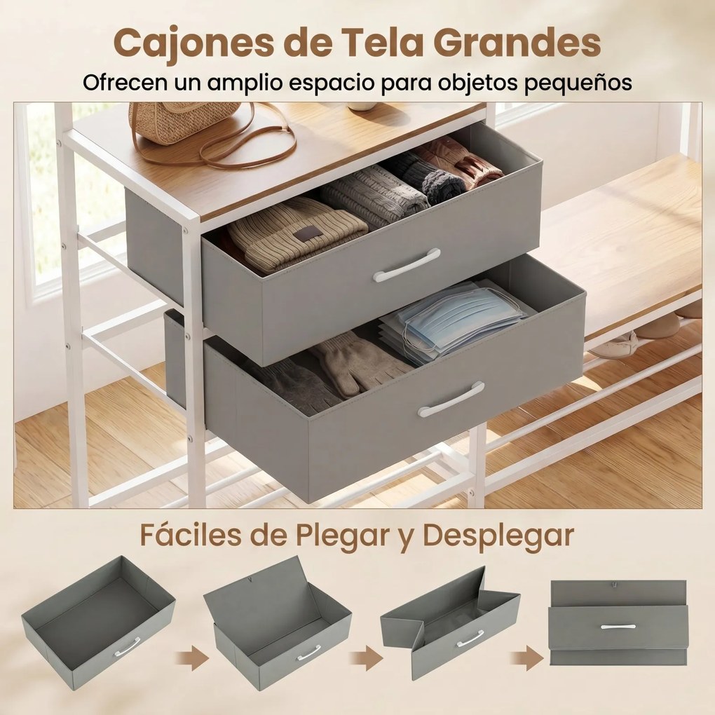 Guarda roupa aberto 138 x 35 x 161 cm com 2 gavetas dobráveis, estantes abertas, 3 ganchos, bolsa e 3 cubos organizadores Natural, branco
