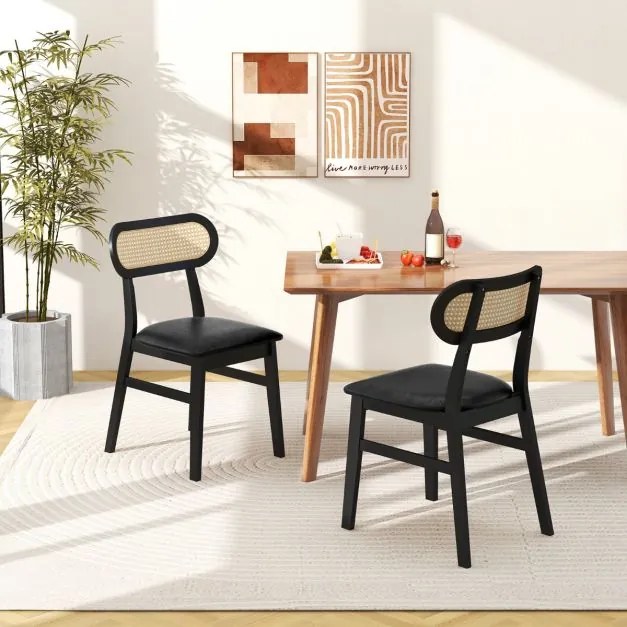 Conjunto de 2 cadeiras de jantar de madeira para interior com assento almofadado e encosto de cozinha em rattan com cobertura em pele sintética Preto
