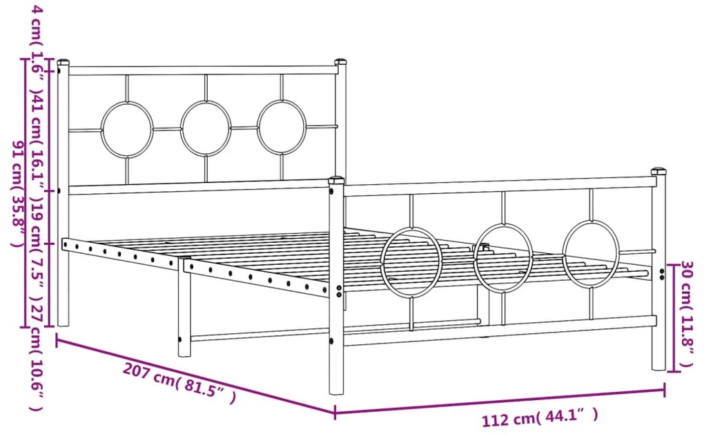 Estrutura de cama com cabeceira e pés 107x203 cm metal preto