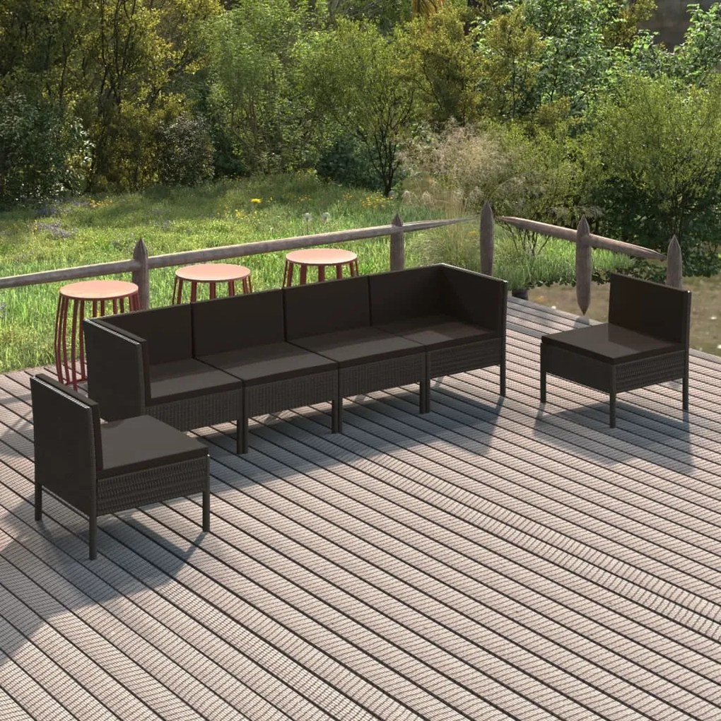 vidaXL 6 pcs conjunto lounge de jardim c/ almofadões vime PE preto